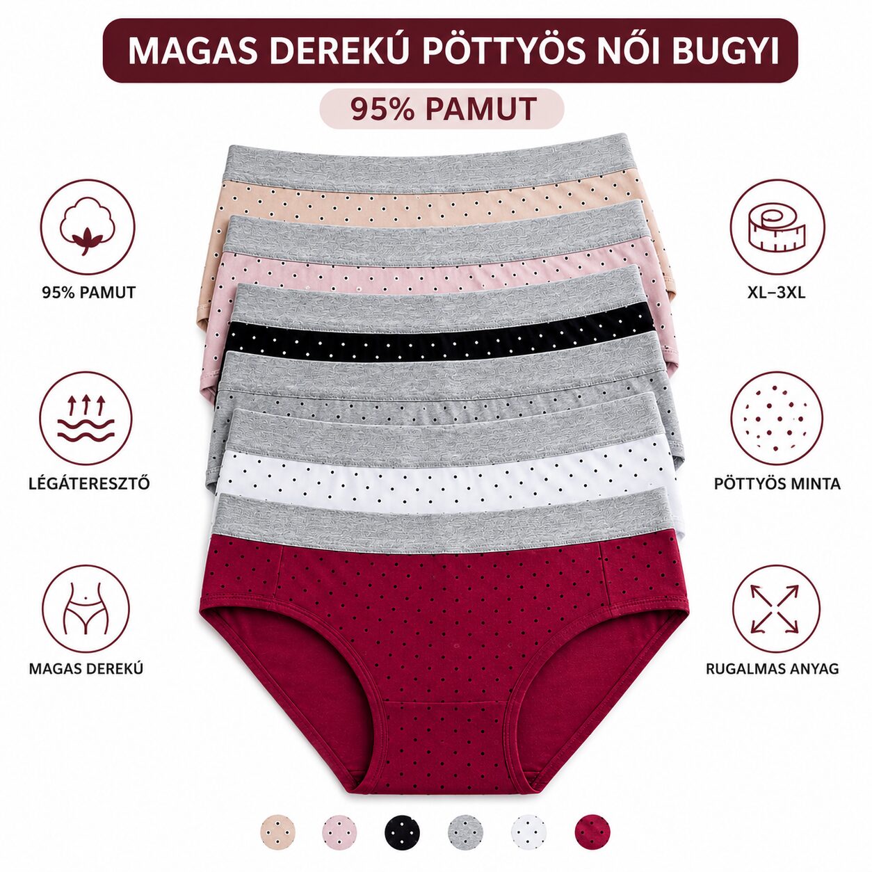 Magas derekú pöttyös női bugyi infografika