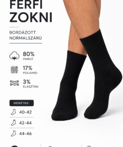 5 pár férfi fekete bordázott zokni 80% pamut infografika