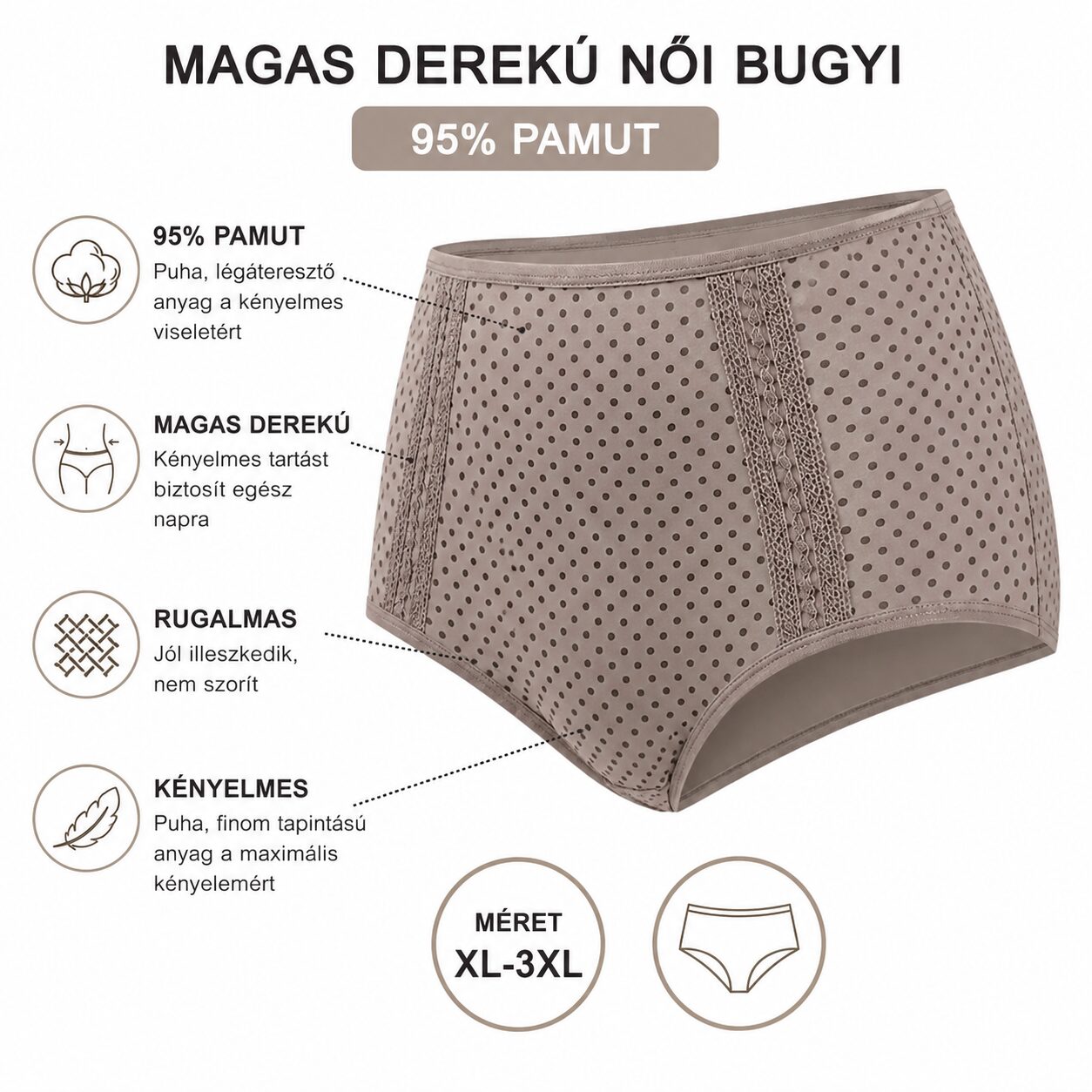 Infografika Magas derekú pöttyös női bugyi 95% pamut jellemzői