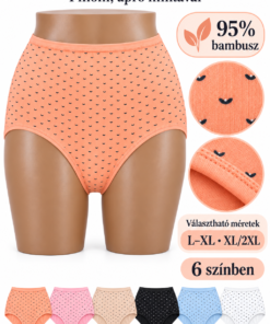 TIMANNI aprómintás bambusz bugyi próbababán, L–XL és XL/2XL mérettel, hat színben