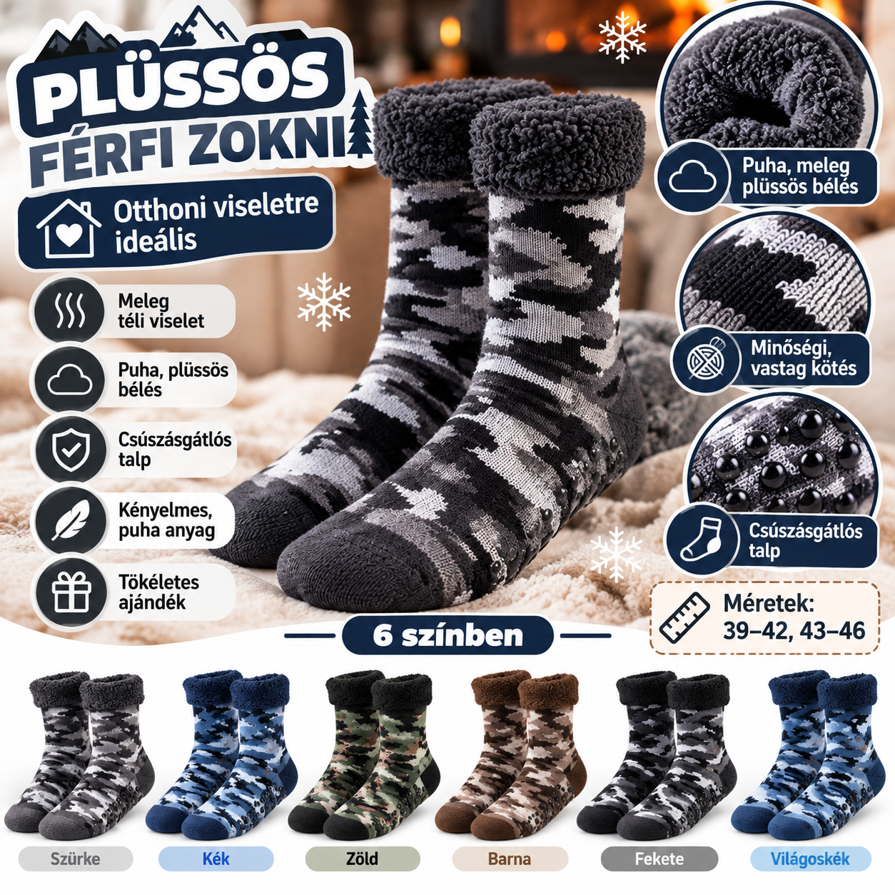 : Férfi plüssös csúszásgátlós mamusz zokni 39–46 méretig