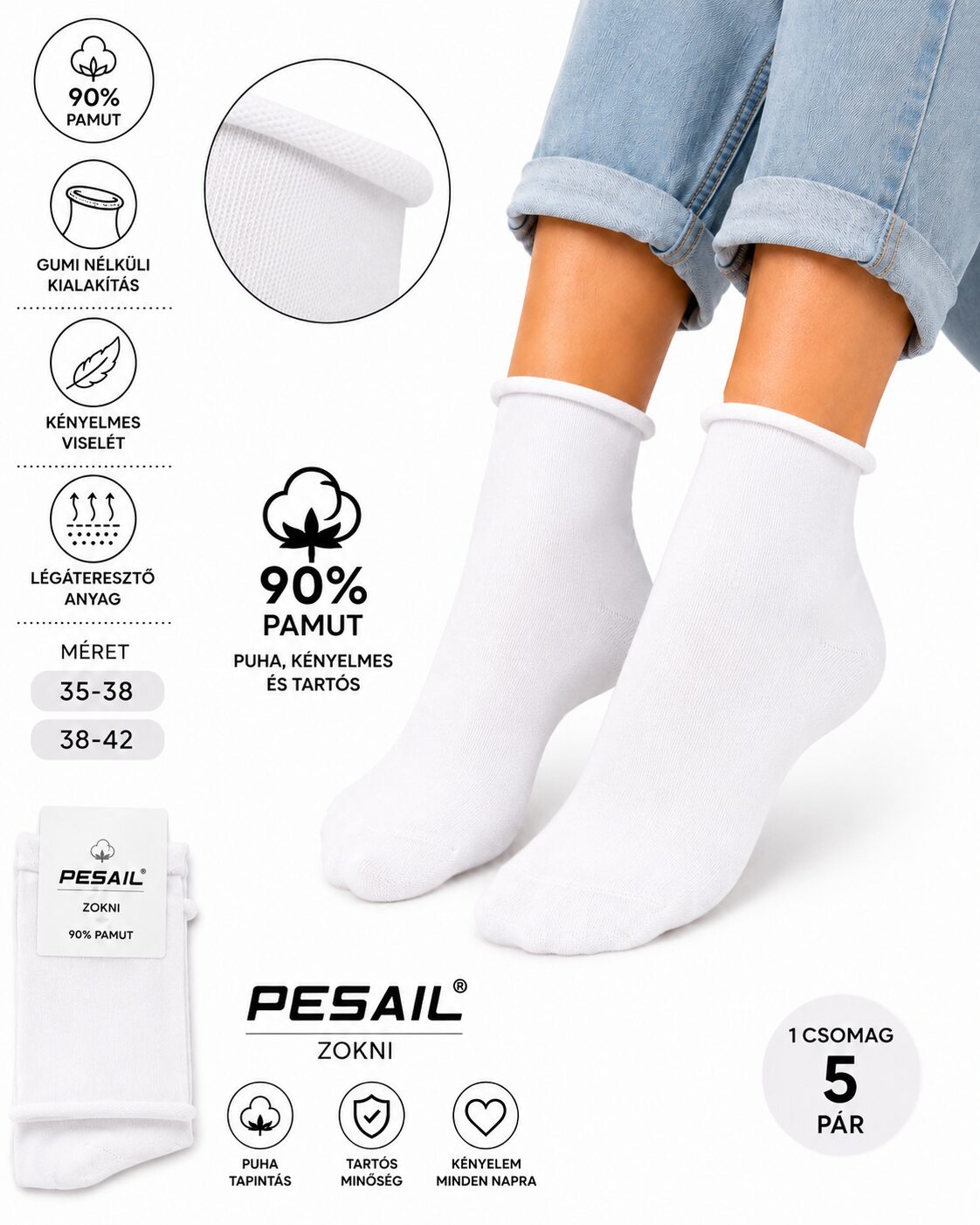 Gumi nélküli női fehér zokni infografika