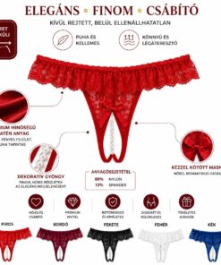 Nyitott gyöngysoros csipke tanga termékjellemzők és anyagösszetétel