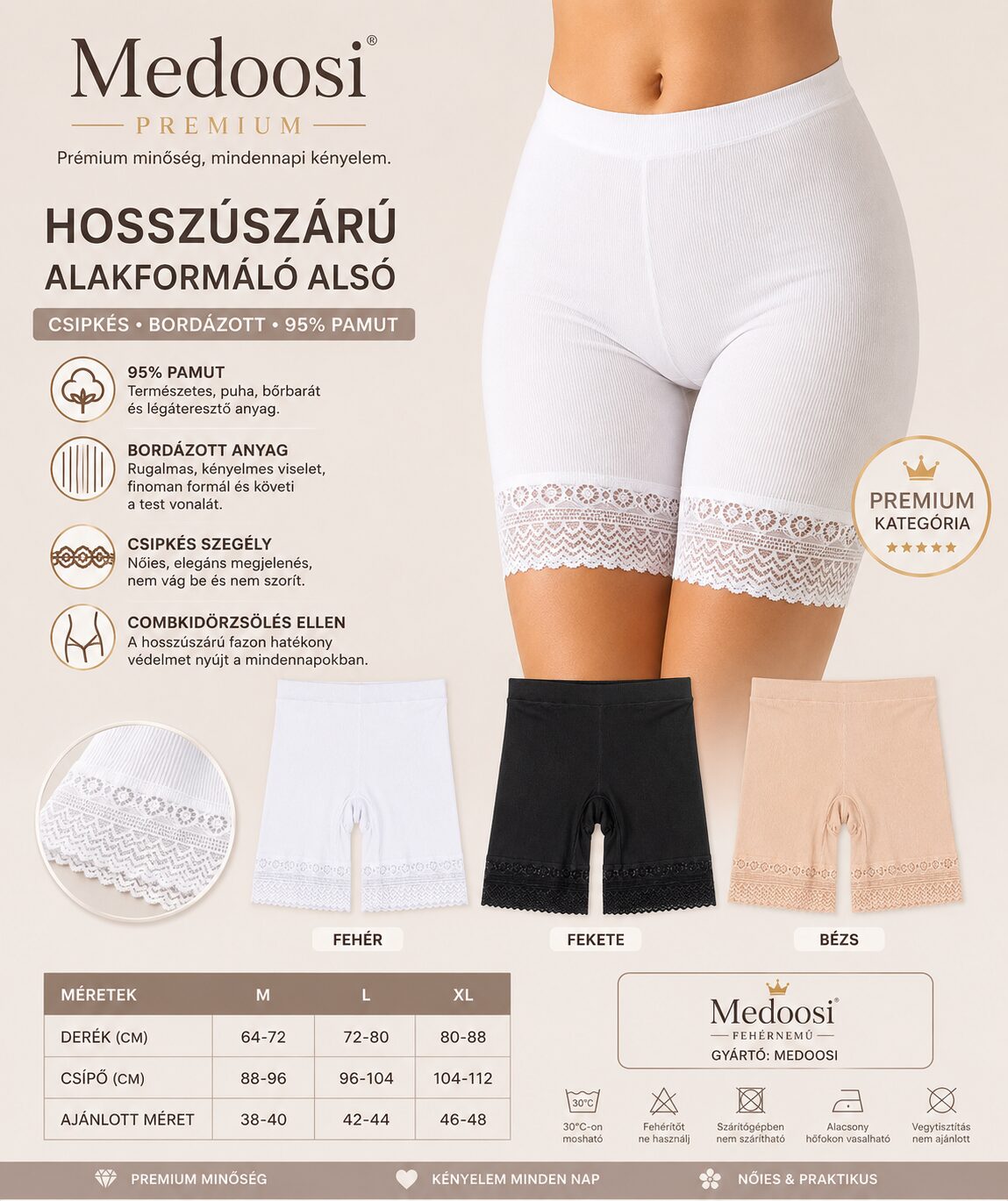 Hosszúszárú Alakformáló Női Alsó 95% Pamut – Bordázott, Csipkés, Combkidörzsölés Ellen | Medoosi - Image 4