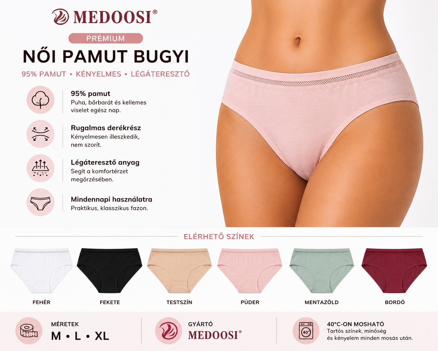 Medoosi 95% Pamut Női Bugyi – Kényelmes, Légáteresztő Alsónemű M–XL - Image 3
