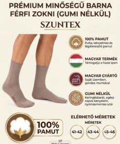 Szuntex férfi gumi nélküli 100% pamut barna zokni – orrvarrás nélkül, magyar termék, magyar gyártó.