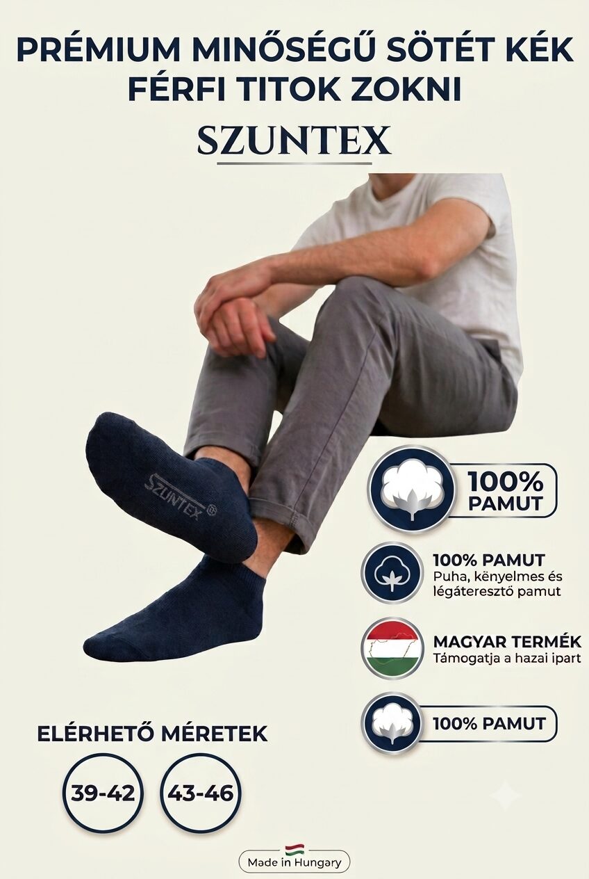 Szuntex férfi titok zokni sötétkék – 100% pamut, orrvarrás nélküli, megerősített sarok és orr.