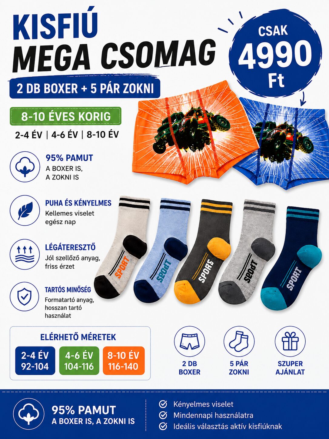 Kisfiú 95% pamut mega csomag – 2 db boxer + 5 pár pamut zokni | 2-4, 4-6, 8-10 év - Image 2