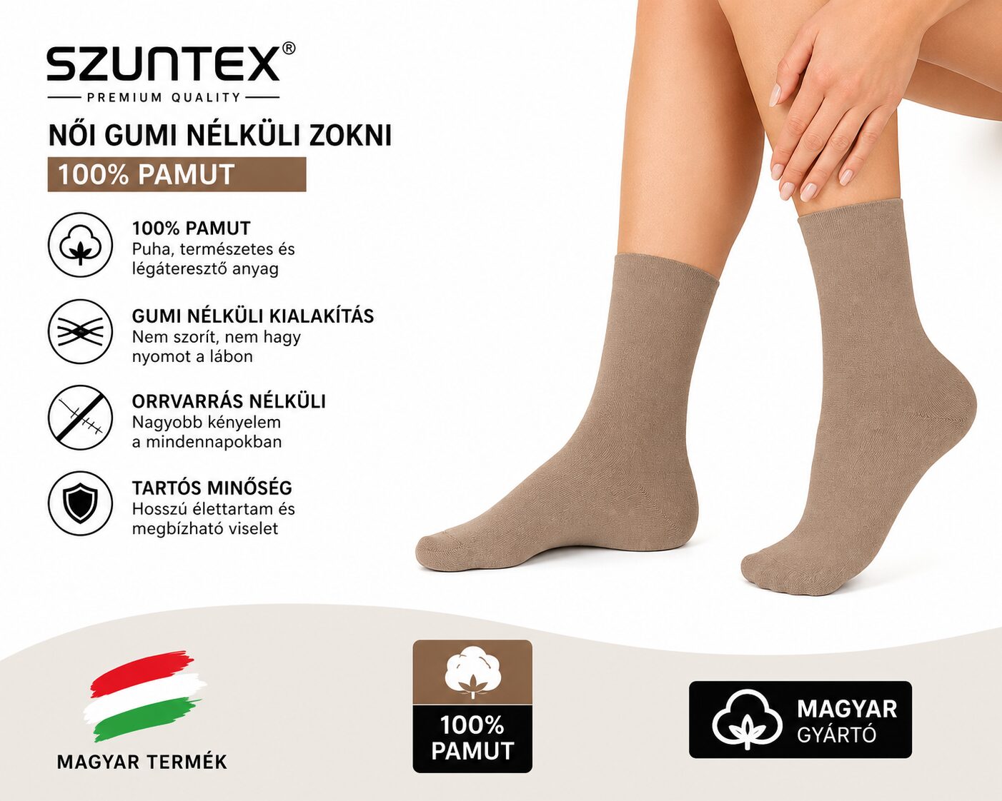 Szuntex női gumi nélküli zokni 5 pár barna infografika – 100% pamut, orrvarrás nélküli
