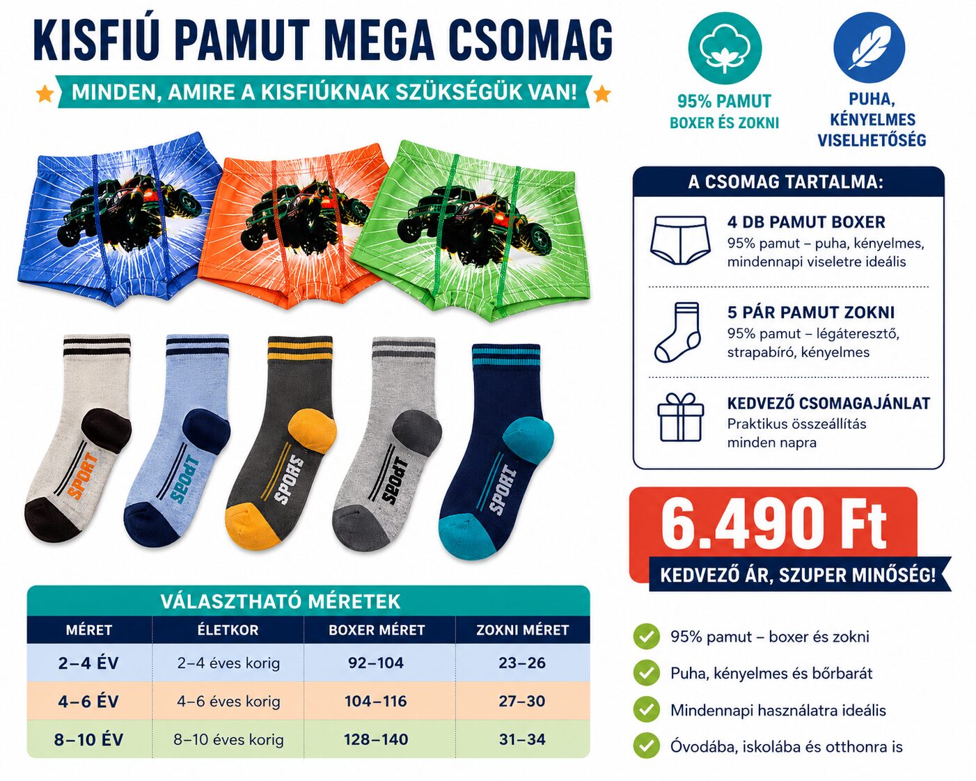 Kisfiú 95% pamut mega csomag – 4 db boxer + 5 pár pamut zokni | 2-4, 4-6, 8-10 év - Image 4