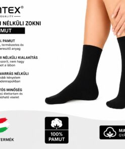 Szuntex női gumi nélküli zokni 5 pár fekete – 100% pamut, orrvarrás nélküli, magyar termék.