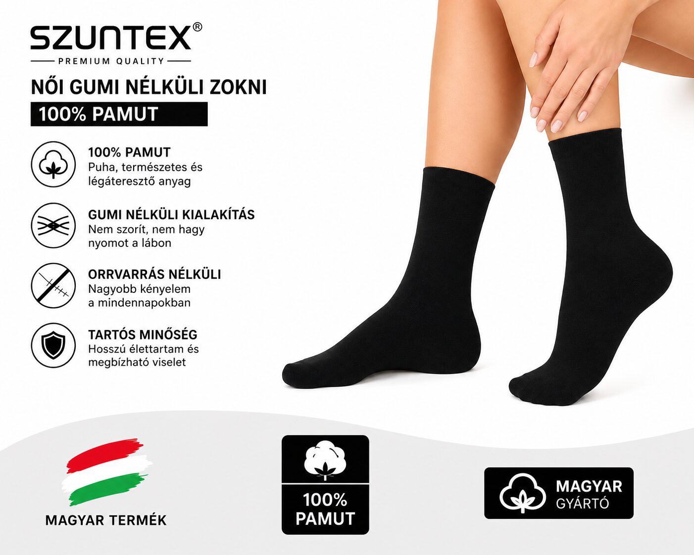 Szuntex női gumi nélküli zokni 5 pár fekete – 100% pamut, orrvarrás nélküli, magyar termék.