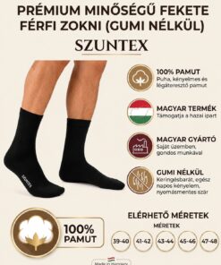 Szuntex férfi gumi nélküli 100% pamut fekete zokni – orrvarrás nélkül, magyar termék, magyar gyártó.