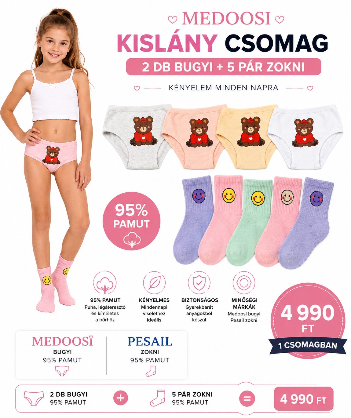 Kislány csomag 2 db Medoosi bugyival és 5 pár Pesail zoknival
