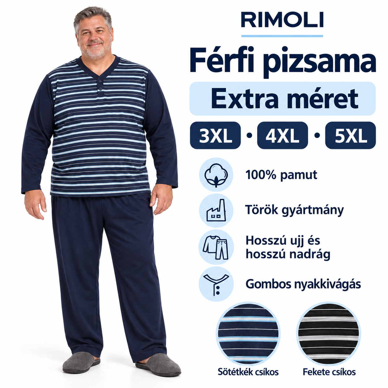RIMOLI férfi extra méretű pizsama modellen, 3XL–5XL méretekkel és 100% pamut felirattal