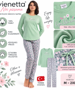 Vienetta Klasszik női hosszú pizsama 100% pamut menta felsővel és virágmintás nadrággal, török termék, M-2XL méretben – infografika