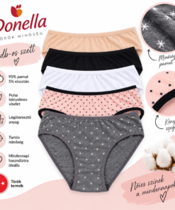 Donella női bugyi 5 db-os csomag 95% pamut, török termék, színes és mintás összeállításban – infografika