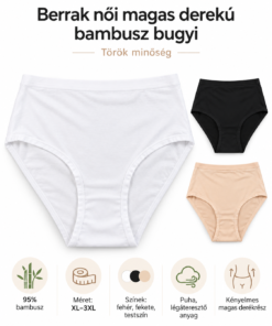 Berrak magas derekú bambusz női bugyi 95% bambusztartalommal, testszín fehér fekete színben, XL-3XL méretben – infografika
