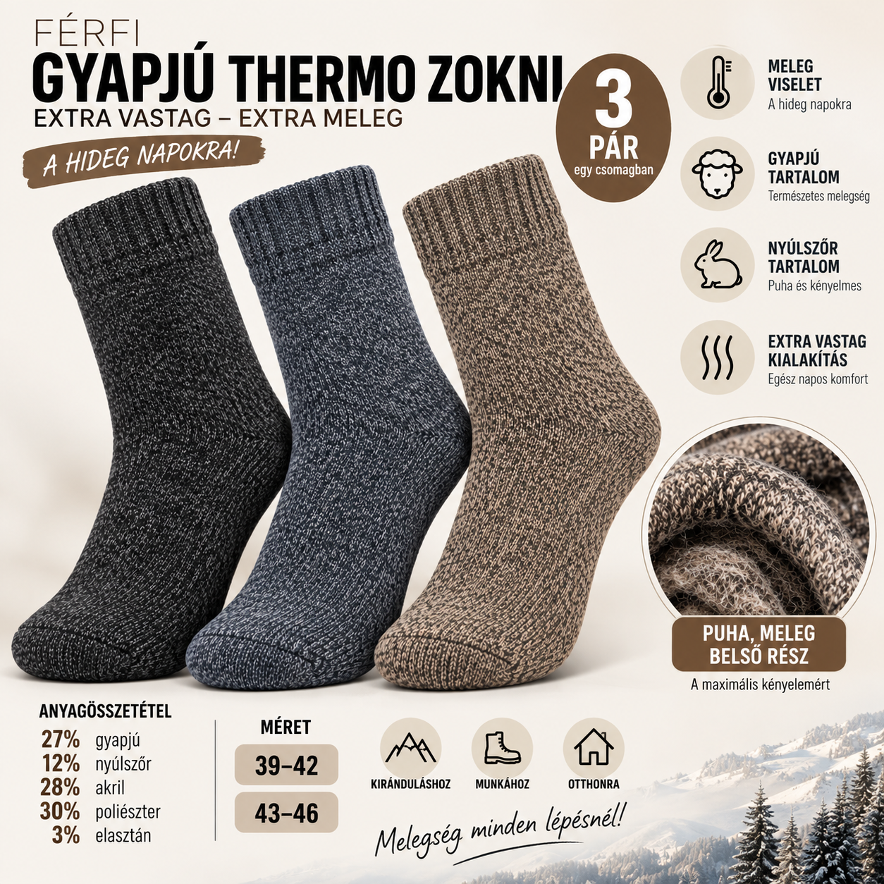 Férfi gyapjú thermo zokni 27% gyapjú és 12% nyúlszőr tartalommal