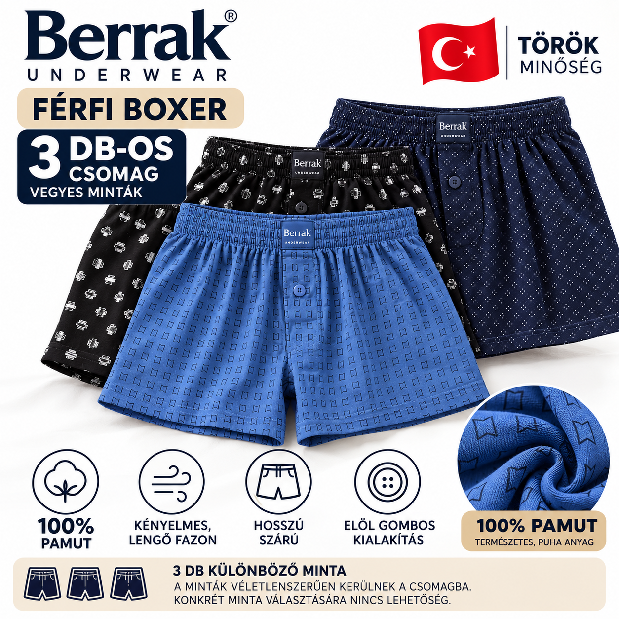 Berrak férfi boxer 3 db-os csomag 100% pamut M–5XL