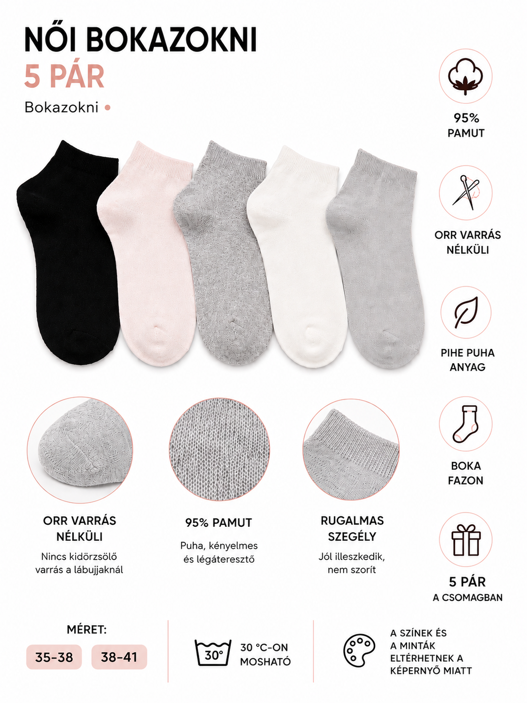 Női bokazokni 5 pár 95% pamut