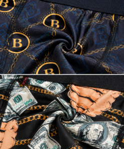 Berrak férfi boxer bitcoin és pénzes mintájú pamut anyaga közelről