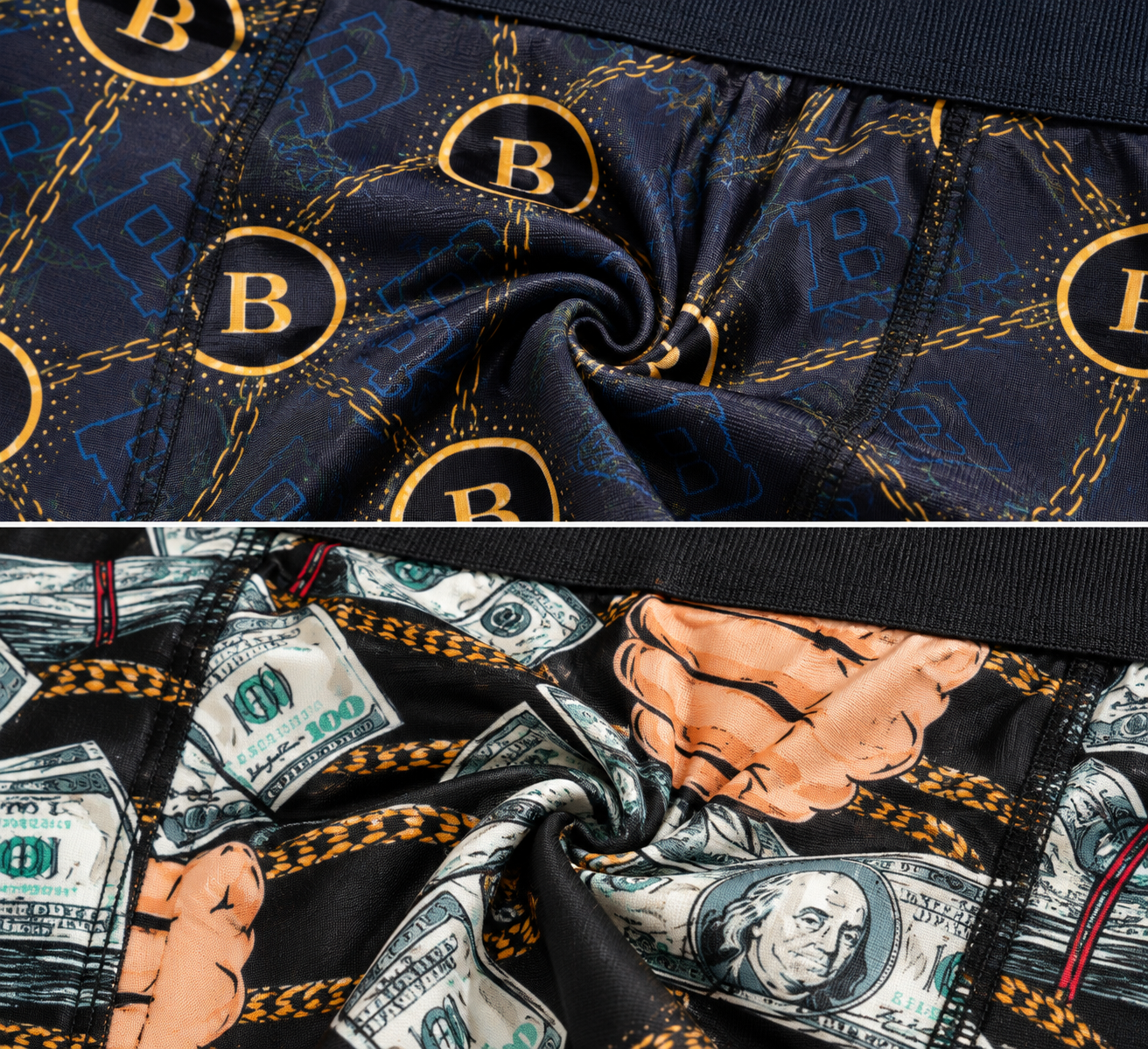 Berrak férfi boxer bitcoin és pénzes mintájú pamut anyaga közelről