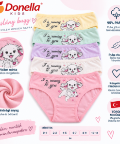 Donella kislány bugyi 5 db-os csomag 95% pamut anyaggal, kutyusos mintával, török termék, 0-1 évestől 10-11 éves korig – infografika