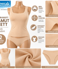 Berrak testszínű széles pántos trikó és klasszikus bugyi szett 85% pamuttal, M-XL méretben – infografika