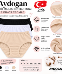 Aydogan magas derekú női bugyi 3 db-os csomag 95% pamut, török termék, fekete fehér testszín, M-4XL méretben – infografika