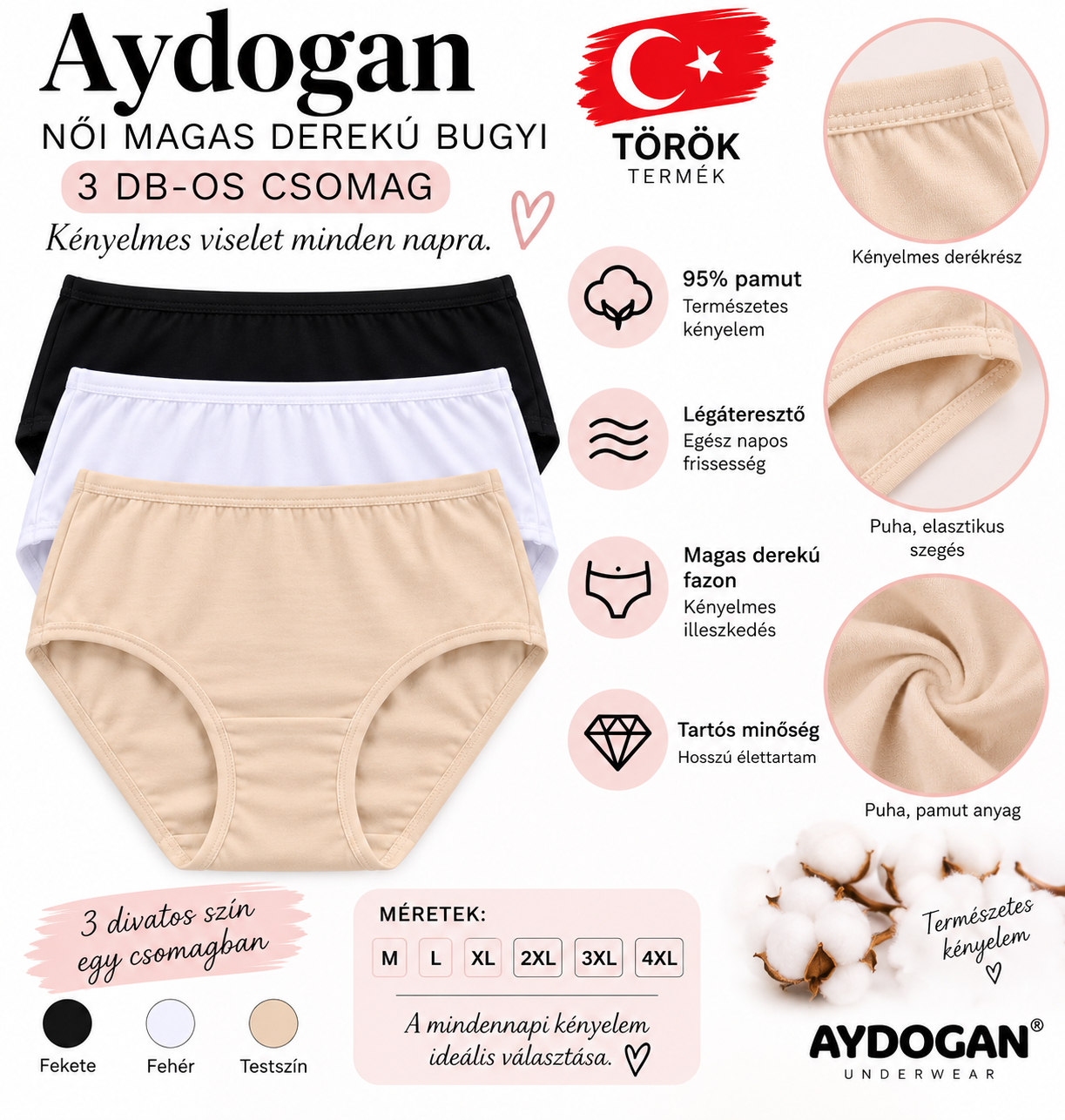Aydogan magas derekú női bugyi 3 db-os csomag 95% pamut, török termék, fekete fehér testszín, M-4XL méretben – infografika