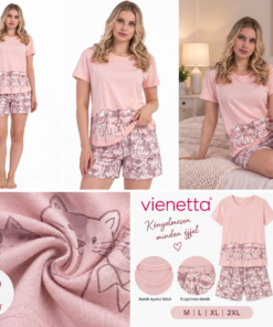 Vienetta női rövid pizsama 100% pamut rózsaszín cicás mintával M-2XL méretben – infografika
