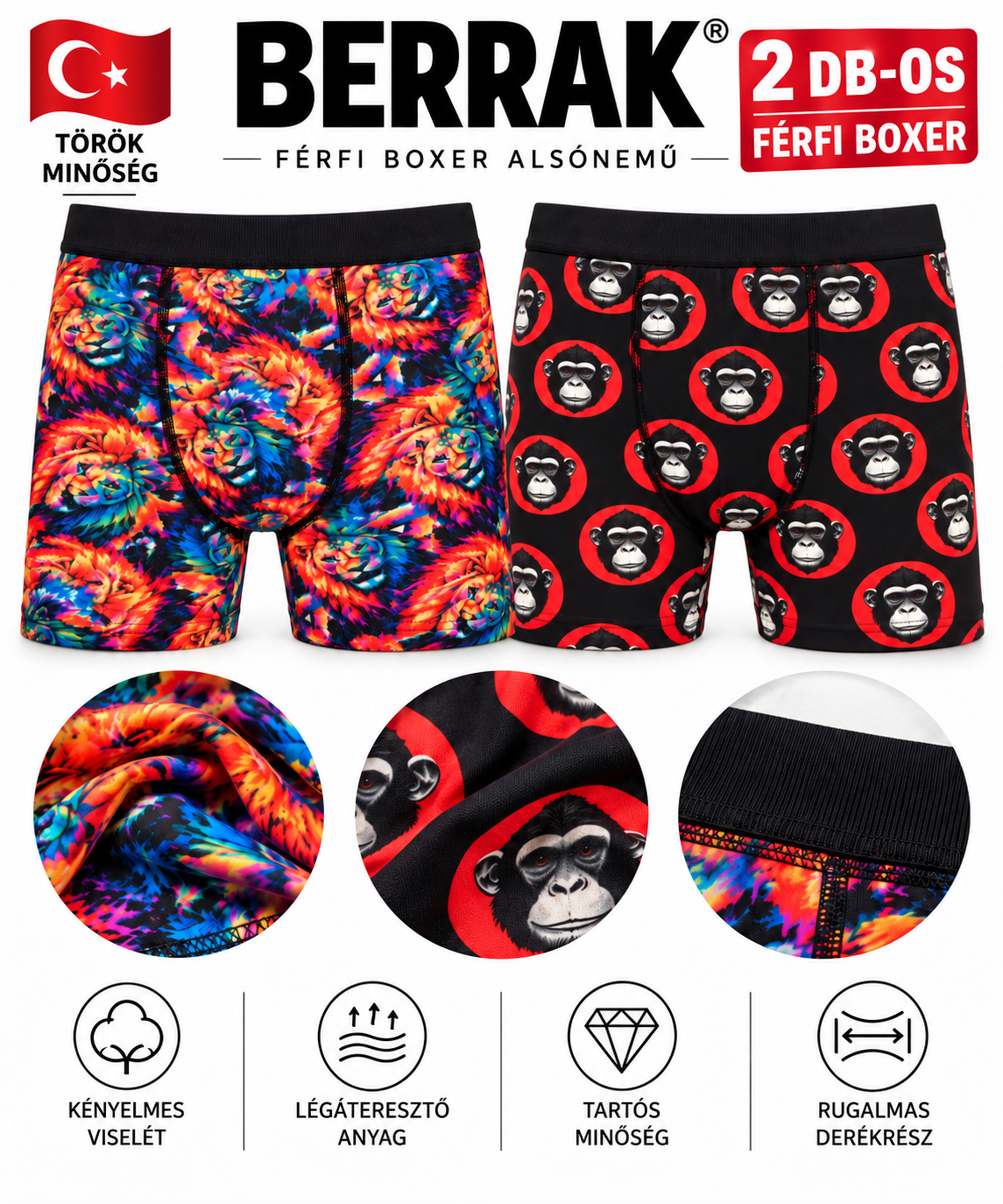 Berrak török férfi boxer 2 db-os csomag 2XL oroszlános és majmos mintával