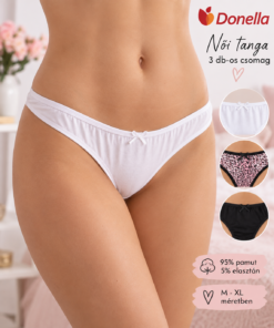 Donella női tanga 3 db-os csomag 95% pamut anyaggal fehér fekete és leopárdmintás változatban, M-XL méretben – infografika