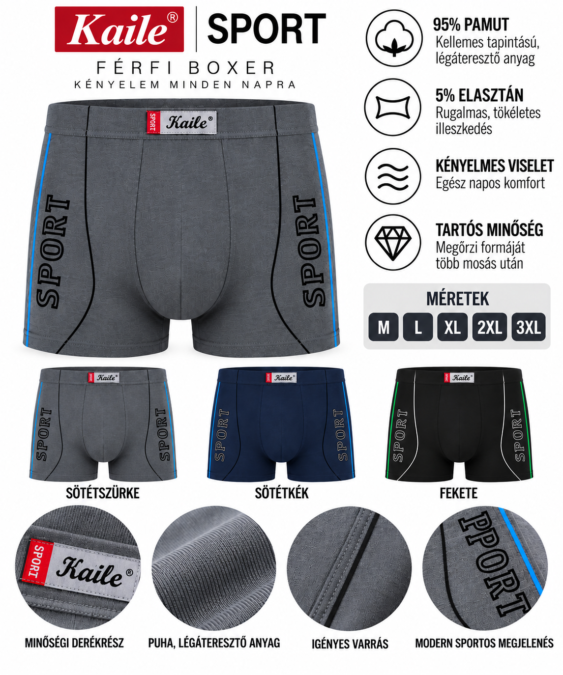 Kaile SPORT férfi boxer 95% pamut és 5% elasztán