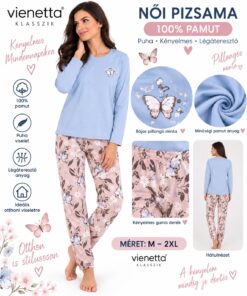 Vienetta Klasszik női hosszú pizsama 100% pamut pillangós mintával M-2XL méretben