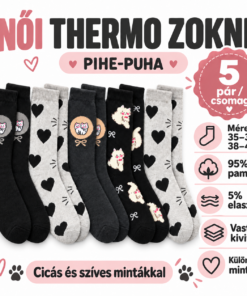 Pihe-Puha női thermo zokni infografikája, 5 páros kiszereléssel, anyagösszetétellel és két mérettel