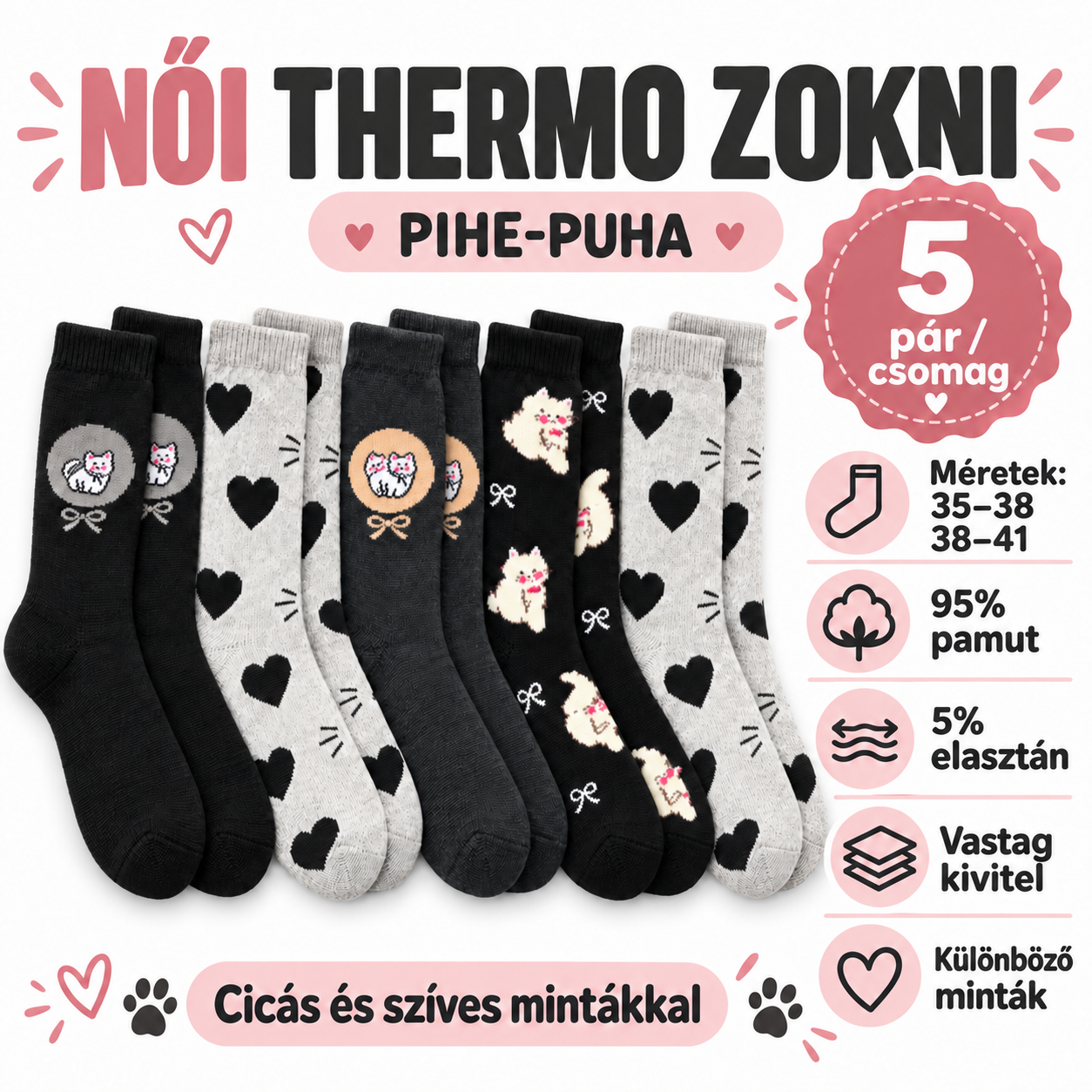 Pihe-Puha női thermo zokni infografikája, 5 páros kiszereléssel, anyagösszetétellel és két mérettel
