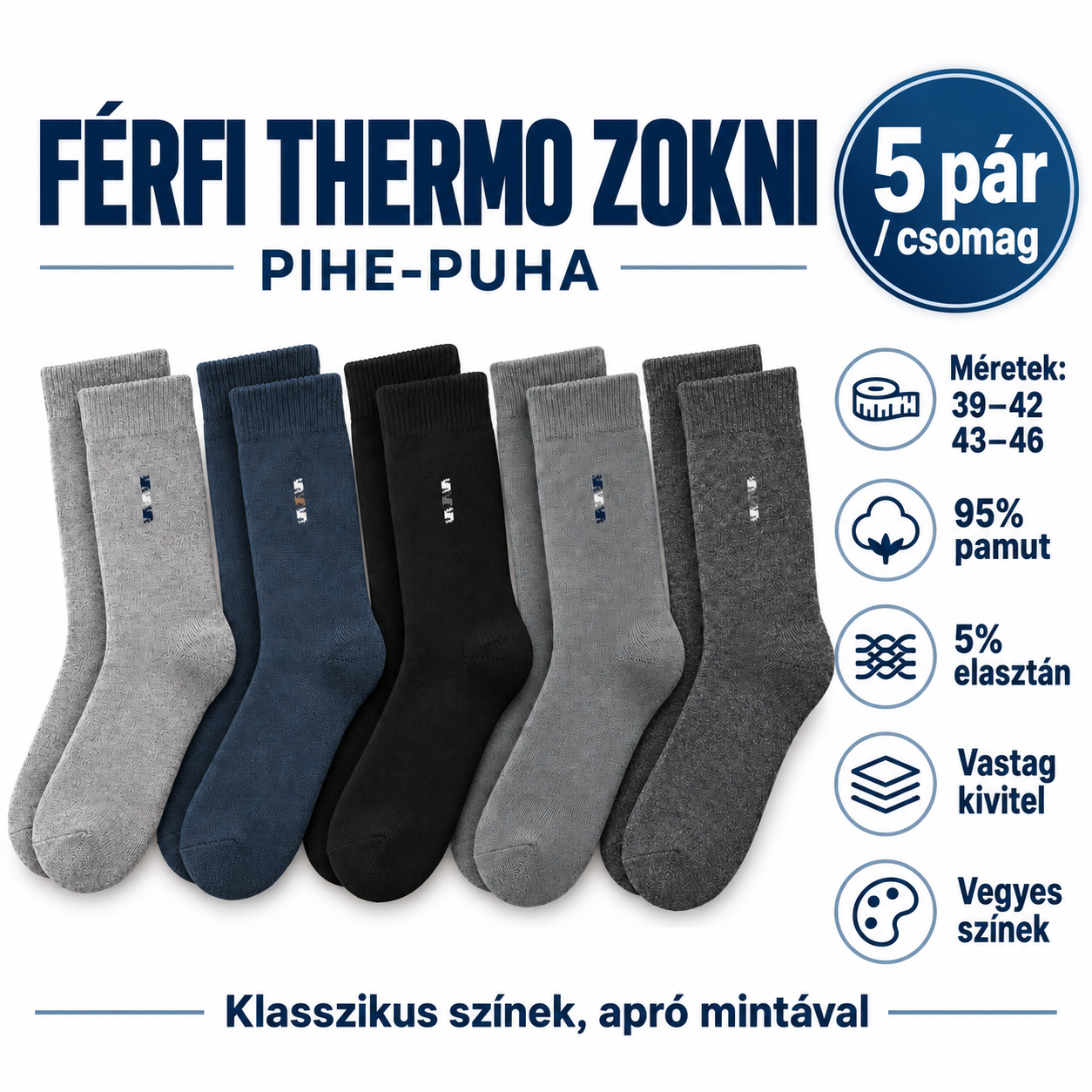 Pihe-Puha férfi thermo zokni infografikája, 5 páros kiszereléssel, 95% pamuttartalommal és két mérettel