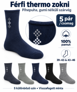 Férfi thermo zokni, 100% pamut, 5 pár, 39–42 és 43–46 méretben