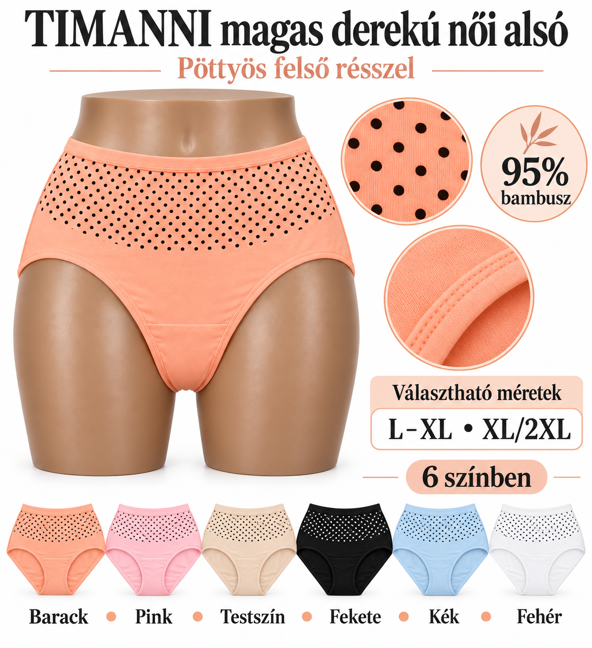 TIMANNI bambusz bugyi pöttyös felsőrésszel, L–XL és XL/2XL mérettel, hat színben