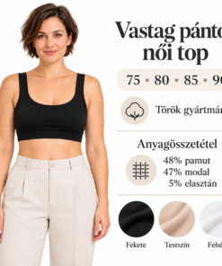 Vastag pántos női top modellen, 75–90 méretekkel, anyagösszetétellel és három színnel