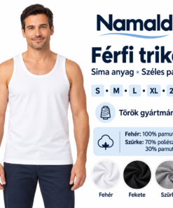 Namaldi férfi trikó modellen, S–2XL méretekkel és színenként megadott anyagösszetétellel