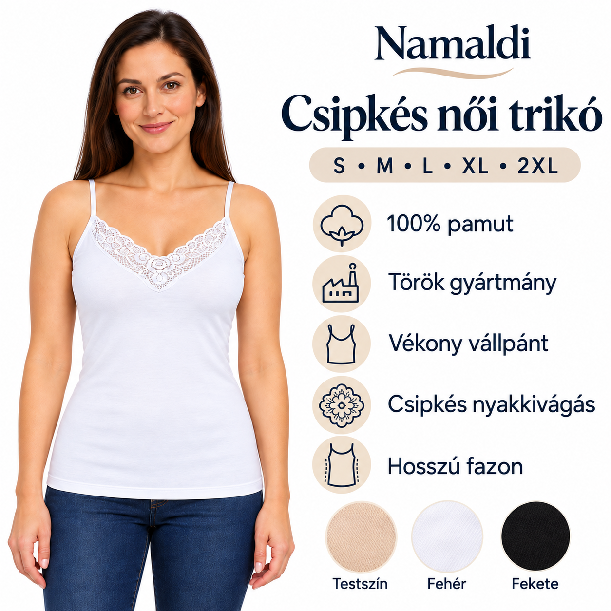 Namaldi csipkés női trikó modellen, S–2XL méretekkel és 100% pamut felirattal
