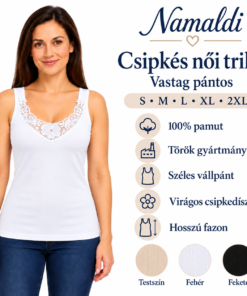 Namaldi vastag pántos csipkés trikó modellen, S–2XL méretekkel és termékjellemzőkkel