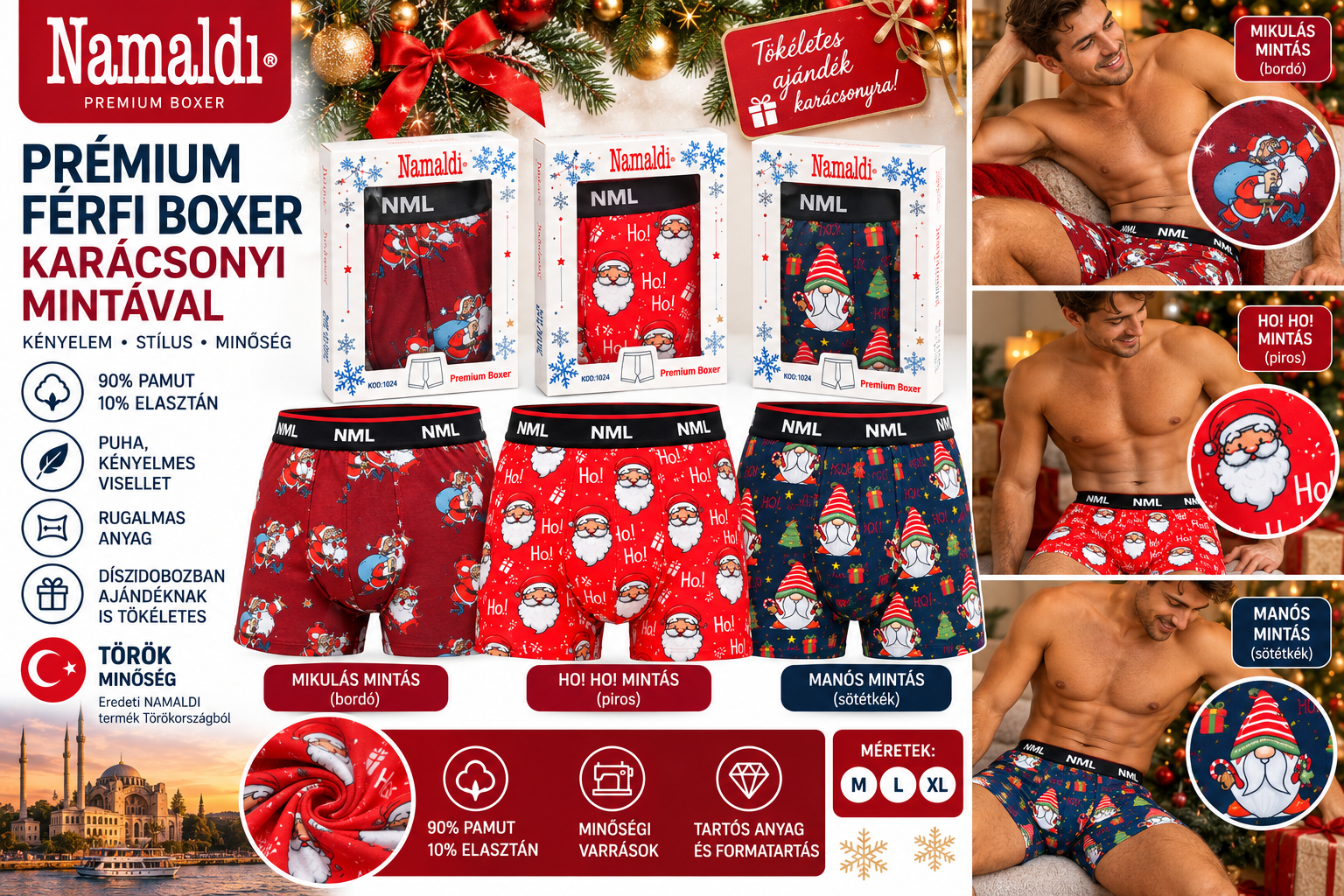 NAMALDI prémium török férfi karácsonyi boxer infografika, három minta, díszdoboz, 90% pamut, M L XL méret