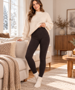 PIHE-PUHA plüssbéléses bordázott leggings barna-fekete színben modellen, otthonos téli környezetben