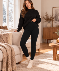 PIHE-PUHA plüssbéléses bordázott leggings fekete színben modellen, otthonos téli környezetben
