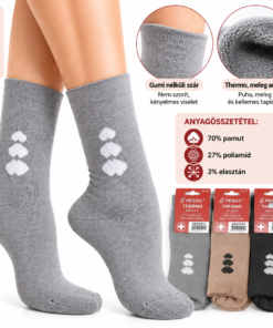 PESAIL női thermo gumi nélküli zokni infografika, 5 pár, 70% pamut, 27% poliamid, 3% elasztán, 35–38 és 37–41 méret