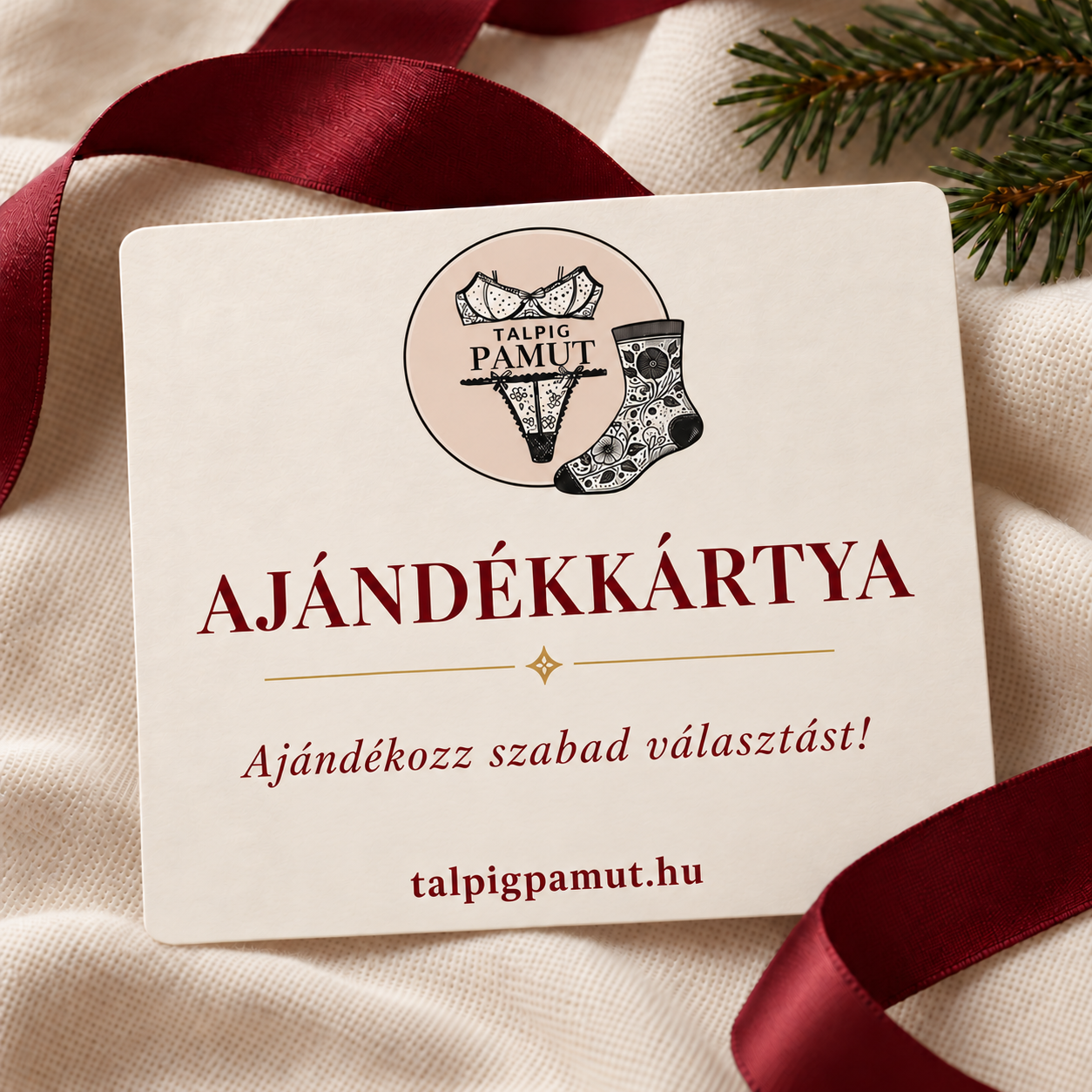 Talpig Pamut digitális ajándékkártya, eredeti logóval és talpigpamut.hu domainnel